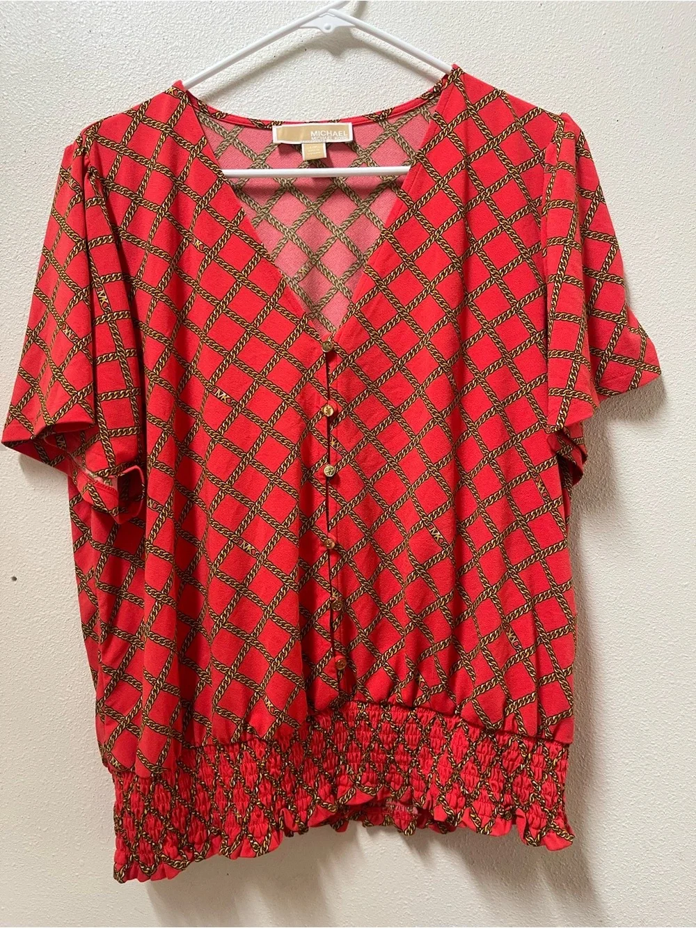 Michael Kors Red Diamond-Print V-Neck Button Top